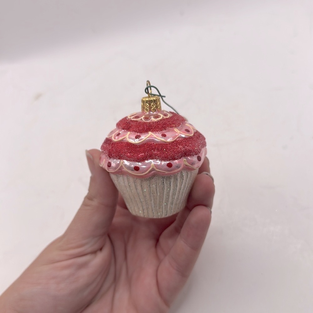Vintage Poland Glass Pink Cupcake Christmas Ornament Collectible Decor